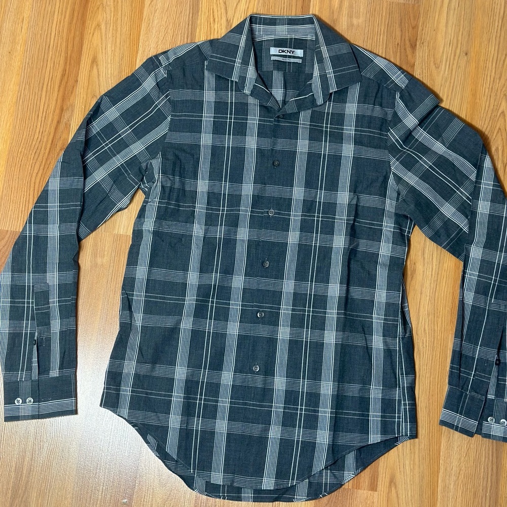DKNY Men’s Grey & White Plaid Long Sleeve Shirt Slim Fit 15/34/35